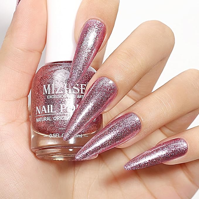 MIZHSE Quick Dry Glitter Pink Nail Polish, Shimmery Nail Polish Air Fast Drying, 15ml High Glossy Sparkly Shiny Nail Lacquer Nail Art Salon Manicure Home