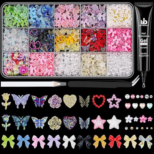 3D Nail Charms for Coquette Nails Design with Rhinestone Glue Set 1, Colorful Nail Bows + Assorted Heart Star Rose Butterfly Nail Jewels + 3D Flowers and Pearls, with Picker Tools for Nail Decor