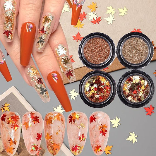4Pcs Fall Nail Glitters 3D Gold Maple Leaf Nail Sequins with Glitter Flakes Powder Gradient Maple Leaves Shaped Sparkly Supplies for Women Manicure Charms Autumn Winter Thanksgiving Accessories Crafts