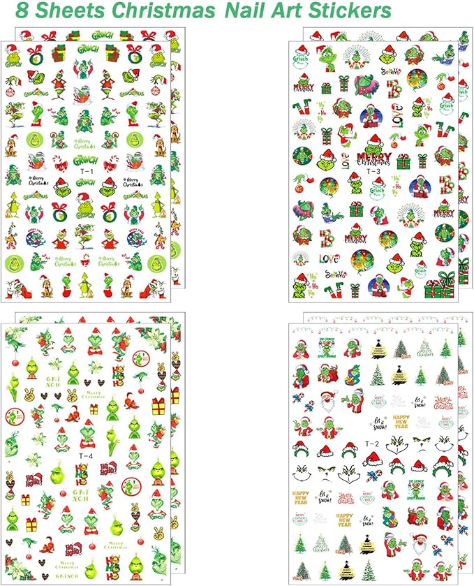 8 Sheets Christmas Nail Art Stickers - 3D Christmas Nail Decals with Xmas Tree, Santa Claus Designs - Holiday, Winter Nail Stickers for Women, Girls & Kids