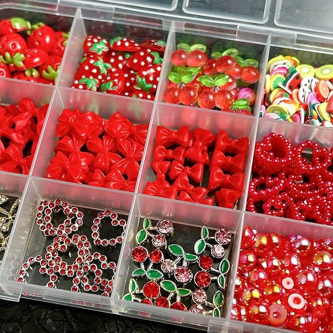 3D Red Bow Nail Charms, Flatback Pearl Charms Resin Strawberry Nails Bows Fruit Charms for Nails, Alloy Cherry Butterfly Nail Art Jewels for Women DIY Accessories
