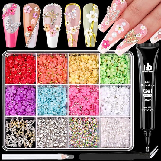 3D Nail Charms and Gems Set 12 with Rhinestone Glue, 10PCS Gold and Silver Chunky Butterfly Nail Charms, 3D Flowers for Nails, Flatback Crystals and Pearls + Picker Tool for Y2K Nail Decor