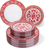 Red Plastic Plates, Fancy Disposable Pates, 10.25" dinner & 7.5" dessert plates by Hioasis