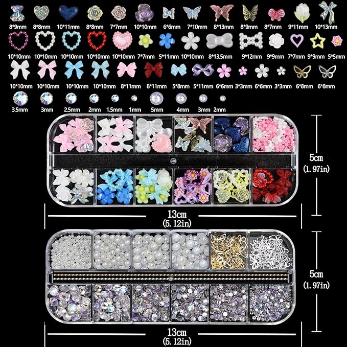 Nail Art Charms Flatback Nail Pearls Rhinestones with Rhinestones Glue Gel Flower Butterfly Nails Gems Supplies Accessories Clear Rhinestone for Women Nails Design Decoration
