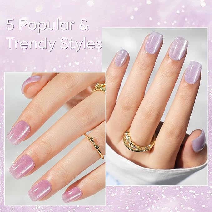 Press on Nails Short 5 Styles, Jofay Fashion 160Pcs Summer Cat Eye Press on Nails for Women, Reusable Opaque Gel Fake Nails, Square Glue On Nails Kit in 16 Sizes, Bubbles