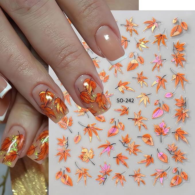 5 Sheets Fall Nail Art Stickers Autumn Maple Leaf Nail Decals 3D Self-Adhesive Thanksgiving Day Maple Leaf Nails Decals with Gold White Orange Green Leaves Nail Stickers for Women Manicure Decoration