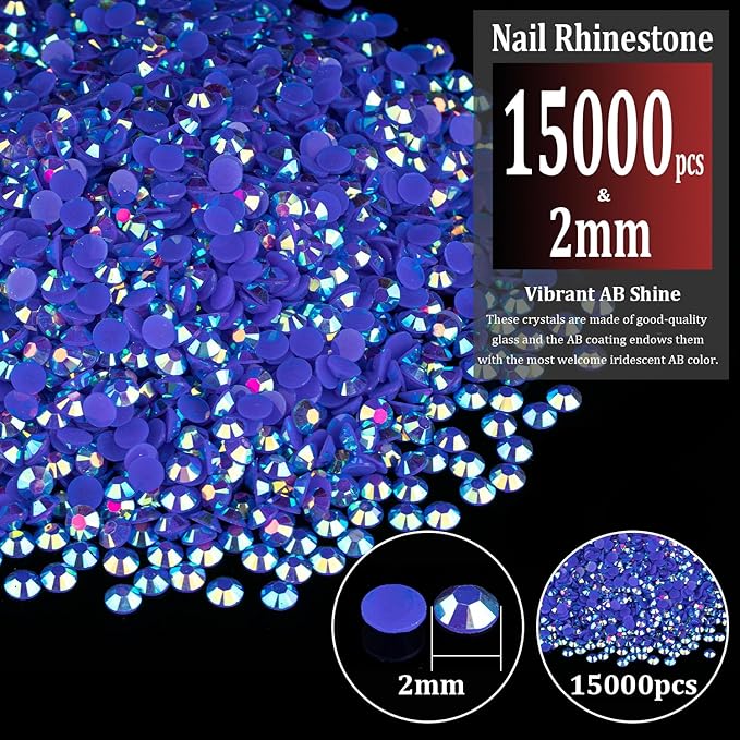 15000pcs 2mm Resin Rhinestones Bulk, Dark Blue AB Flatback Round Jelly Rhinestones Bedazzling Non Hotfix Crystal Gems Large Quantity Wholesale for DIY Crafts Clothes Tumblers Face Makeup Manicure