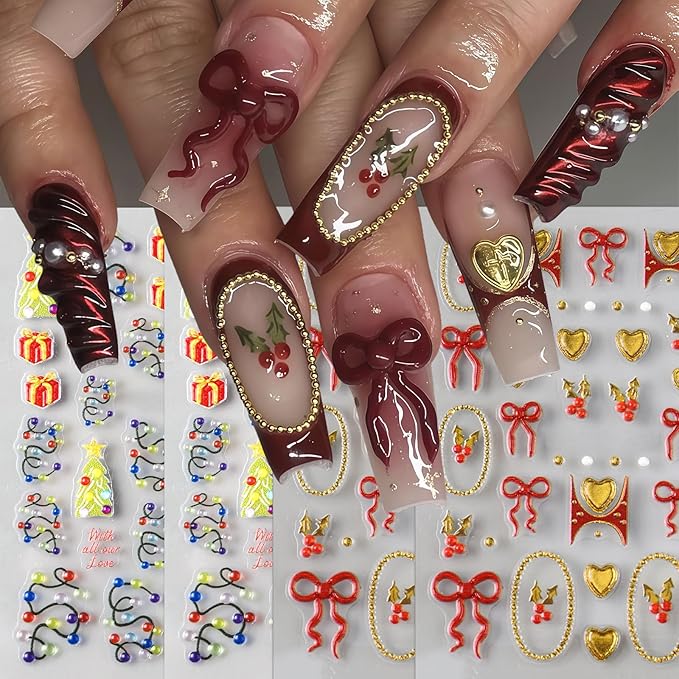 4 Sheets Christmas Nail Art Stickers 5D Embossed Winter Nails Decals Red Gold Heart Bow Nail Stickers Gold Circle Cherry Xmas Nails Design Winter Nail Supplies for Women Acrylic Manicure Decorations