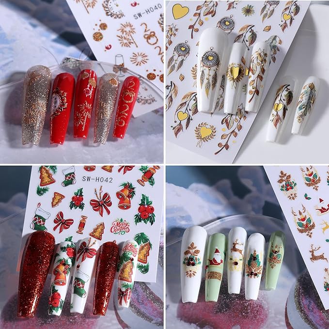 4Sheets Christmas Nail Art Stickers 3D Self-Adhesive Sock Bell Bow Nail Decals for Acrylic Nails Heart Dream Catcher Designs Nail Sticker Glitter Santa Claus Elk Nail Decal for Women DIY Nails Decor