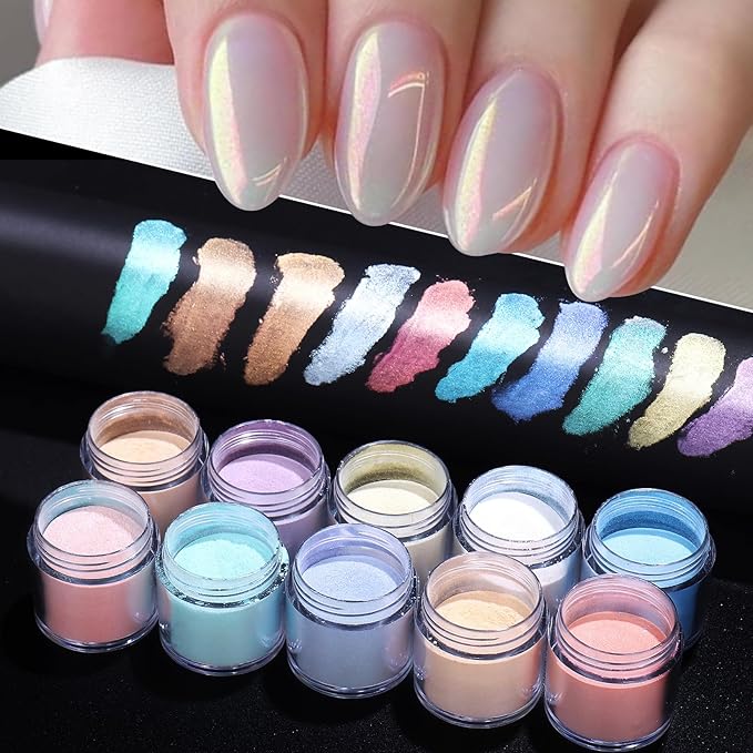 Pearl Chrome Nail Powder Kit 10 Boxes 10g Unicorn Mermaid Chrome Powder for Nails Art Decoration Iridescent Aurora Nail Glitter for Gel Polish DIY Summer Rubbing Dust for Home DIY Nail Salon Manicure