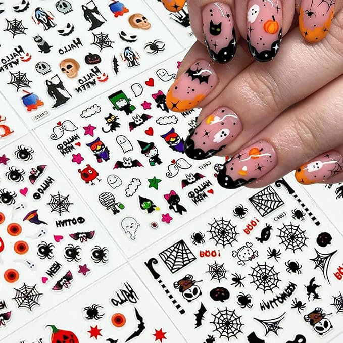 30 Sheets Halloween Nail Stickers Pumpkin Ghost Nail Decals 3D Self-Adhesive Bat Spider Design Nails Art Stickers for Women Holiday Manicure DIY