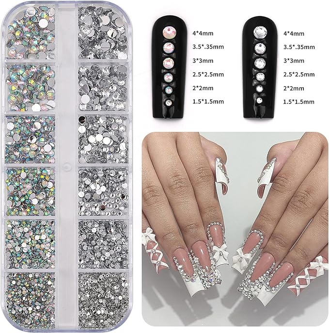 12Grids Shiny Rhinestone Nail Art Charms - 3D Colorful Rhinestones Nail Charms for Acrylic Nails Sliver Diamonds Nail Jewelry with Sliver Flat Back Designs for Women DIY Manicure Crafts Decor Supply
