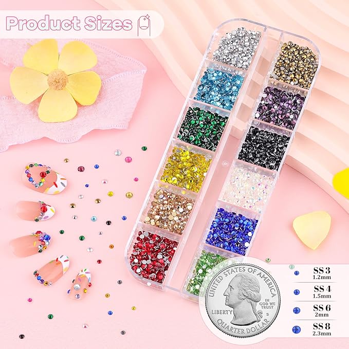 4200Pcs Glass Crystal Small Rhinestones for Nail Art with Nails Rhinestone Glue, Colourful SS3-SS8 Flatback Bedazzling Gems, Nail Rhinestones and Gems Crystals Charms for Acrylic Tips Manicure Decor