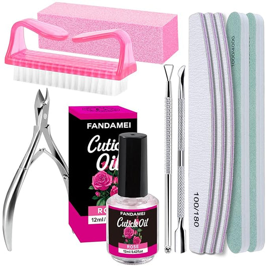 FANDAMEI Nail Files and Buffers, Manicure Tools Nail Care Kit with Nail File, Nail Buffer Block, Cuticle Care for Women with Nippers, Pusher Peeler. Cuticle Oil and Nail Prep Kit.