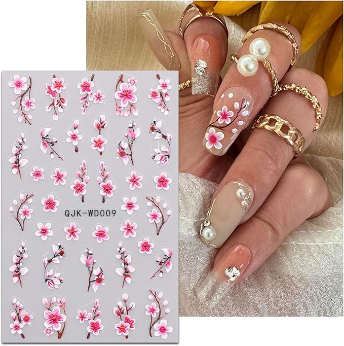 JMEOWIO 6 Sheets Flower Nail Art Stickers Decals Self-Adhesive Spring Summer Floral Nail Supplies Nail Art Design Decoration Accessories