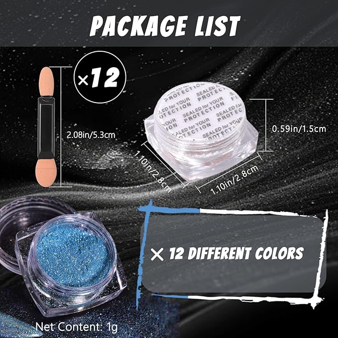 12 Jars Holographic Nail Powder, Chrome Nail Powder Kit Black Blue Ultra Fine Glitter Powder Set, Rainbow Neon Pigment Manicure Glitter Dust with 12 Pcs Dual Sides Sponge Applicators