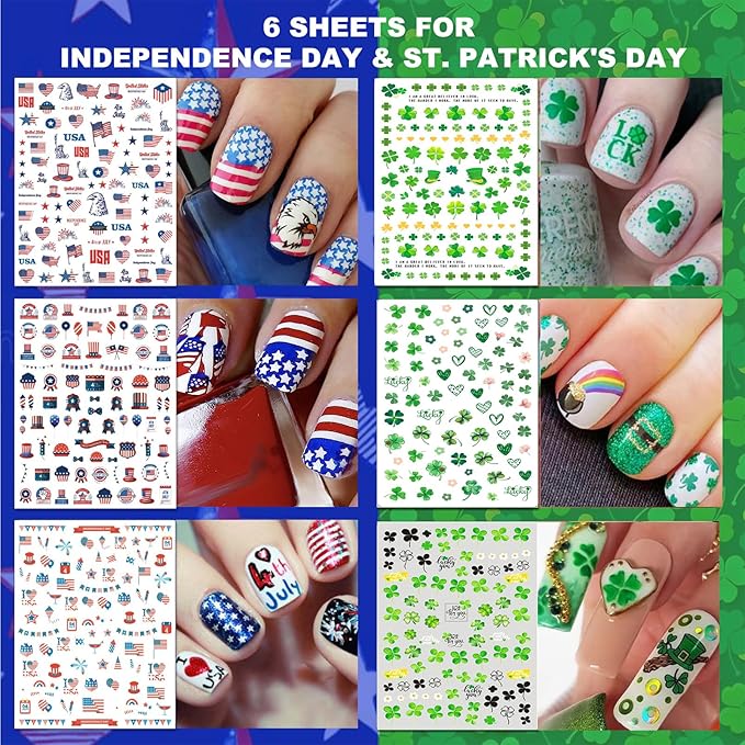 30 Sheets All Holiday Nail Art Stickers, Variety Pack Seasonal Nail Decals for All Year, Self-Adhesive Pegatinas Uñas St. Patrick's Independence Day Halloween Fall Christmas Heart Design