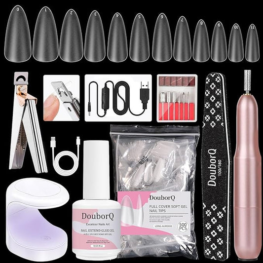 Major Dijit Gel Nail Kit - Beginner Gel Nail Set with Nail Drill, 0.5oz 4-in-1 Nail Glue, 500PCS Long Almond Nail Tips, Nail Clipper, UV Lamp for Nail Extension & Art (Long Almond)