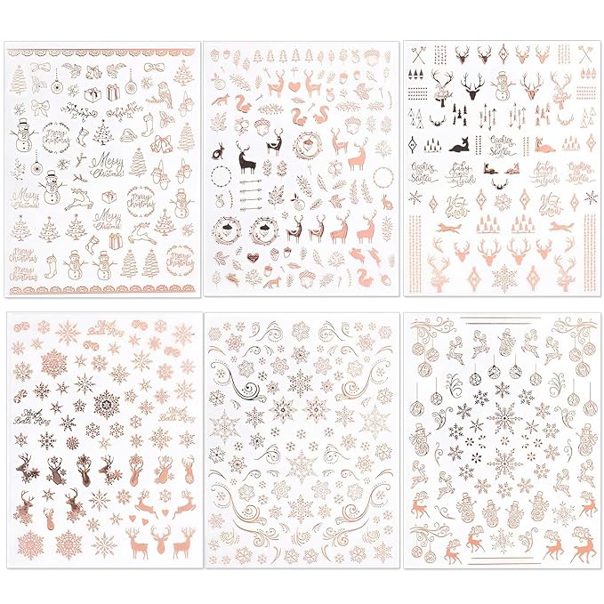 Christmas Nail Stickers, Rose Gold Self-Adhesive Nail Art Decals - 3D Snowflake Elk Design for DIY Manicure Winter Xmas Holiday DIY Nail Decorations (6 Sheets)