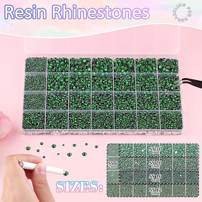 30000Pcs Resin Rhinestones for Bedazzling with B7000 Jewelry Glue, Emerald Green Flatback Gems Rhinestones for Crafting, Clothing Tumblers Mugs Shoes Fabric Decor Nail Art