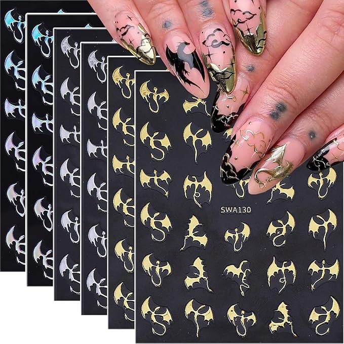 6Pcs Halloween Nail Art Stickers 3D Holographic Flying Dragon Nail Decals Self Adhesive Horror Bat Nail Stickers Laser Gold Silver Bat Dragon Design Halloween Nail Supplies for Women Holiday Manicure