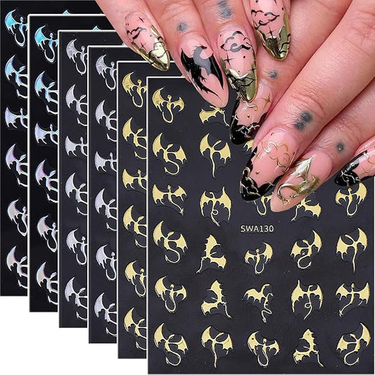 6Pcs Halloween Nail Art Stickers 3D Holographic Flying Dragon Nail Decals Self Adhesive Horror Bat Nail Stickers Laser Gold Silver Bat Dragon Design Halloween Nail Supplies for Women Holiday Manicure