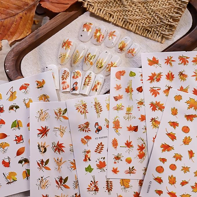 Fall Gold Maple Leaves Nail Stickers 3D Self-Adhesive Nail Art Stickers Decals with Gold Leaves Fox Design Autumn Nail Stickers for Nail Art Pumpkin Thanksgiving for Women Nails Art Decor