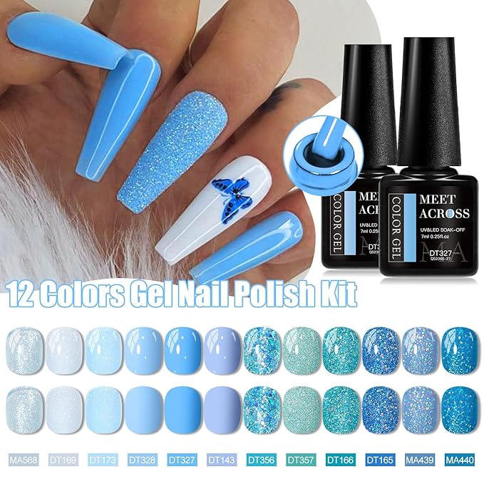 MEET ACROSS 12PCS Gel Nail Polish Set, 12 Colors Gel Nail Kit Art Design Soak Off UV LED,Nail Art Design Gifts for Women (Blue, 12PCS)