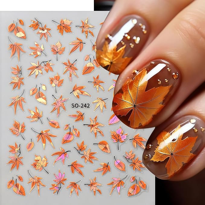 5 Sheets Fall Nail Art Stickers Autumn Maple Leaf Nail Decals 3D Self-Adhesive Thanksgiving Day Maple Leaf Nails Decals with Gold White Orange Green Leaves Nail Stickers for Women Manicure Decoration