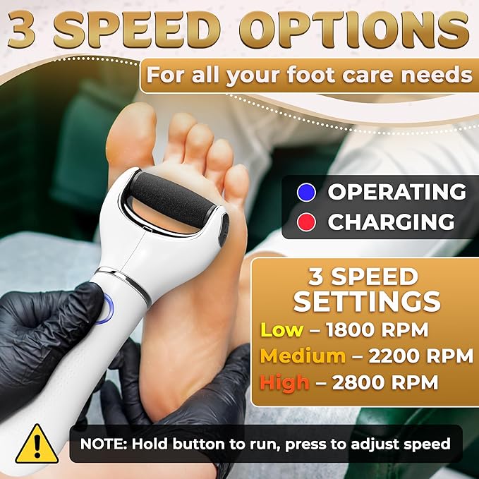 Rechargeable Electric Foot Callus Remover Tool – 3-Speed Foot Sander (1800/2200/2800 RPM), Electric Callus Remover for Feet, Pedicure Tools for Feet – 1200mAh, 70 Min Runtime, 2 Replacement Rollers