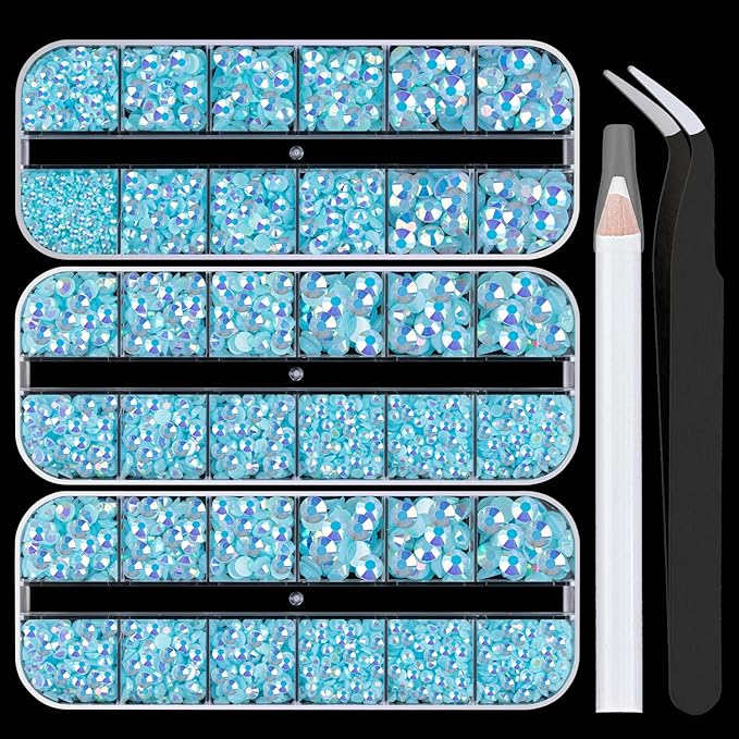 5000PCS Resin Rhinestones with Tweezers for Crafting, 2/3/4/5/6mm Flatback Jelly Rhinestones, 3 Box Lake Blue AB Non Hotfix Crystal Gems for DIY Crafts Mugs Tumblers Clothes Makeup Nail