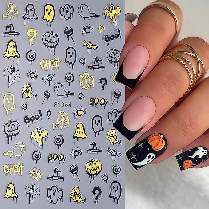 4Pcs Halloween Nail Stickers Gold Spider Nail Decals Self Adhesive Black Cobweb Spider Web Ghost Nail Design Halloween Nail Decoration Supplies Holiday Manicure Accessories for Women