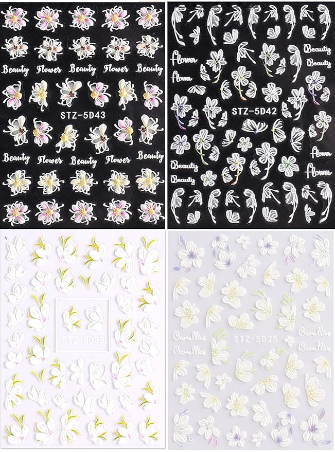 3D Embossed Spring Flower Nail Art Stickers Decals 4 Sheets 5D Self-Adhesive Pegatinas Uñas Pink Cherry Blossoms Floral Nail Supplies Nail Art Design Decoration Accessories