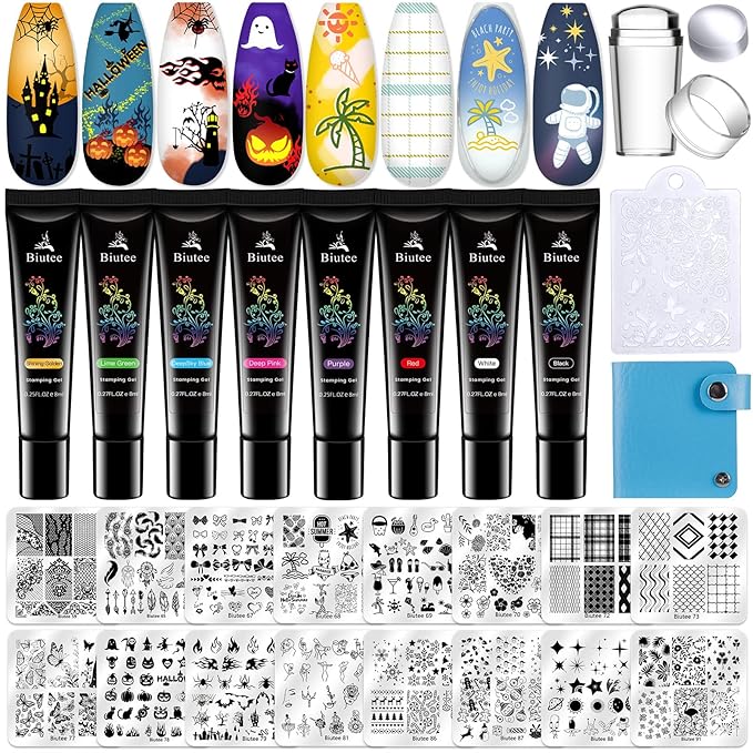 Biutee Nail Stamping Kit 12Pcs Nail Art Stamp Plates 8 Colors Stamping Polish Gel Silicone Stamper Scraper with Storage Bag, Nail Stamping Plate Lace Star Rose Plaid Template Halloween Design Gift