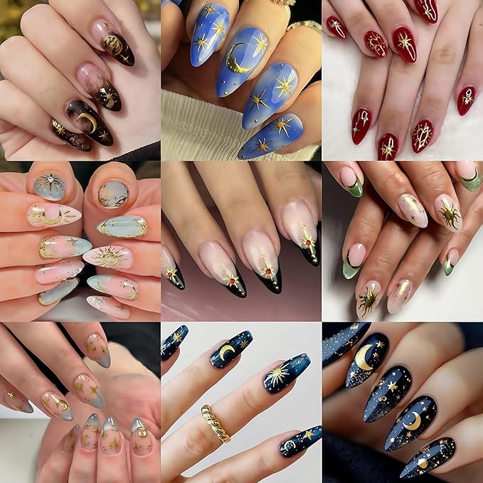 6 Pcs Gold Star Nail Stickers for Nail Art,Self-Adhesive Red Diamond Star Moon Nail Decals Star Moon Sun Pegatinas Uñas Cute Stars Nail Design Stickers Nail Art Supplies for Women Nail Decorations