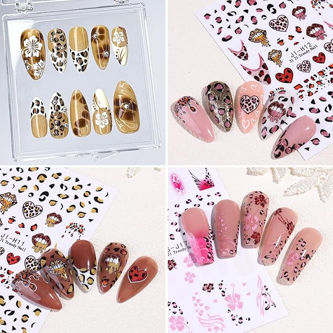 4Sheets Leopard Print French Tip Nail Art Stickers 3D Hibiscus Flower Nail Decals Self-Adhesive Leopard Print Nail Stickers with Glitter Design Lips Heart Sticker for Women Nails Decor