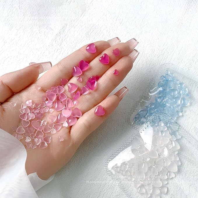 300Pcs Valentine's Day Nail Art Charms 3D Heart Change Color in Sunlight Nail Charms Orange Pink Blue Flat Back Mixed Size 4/6/8mm Nail Rhinestone Diamonds Gems Crystal Jewelry Acrylic Nail Supplies