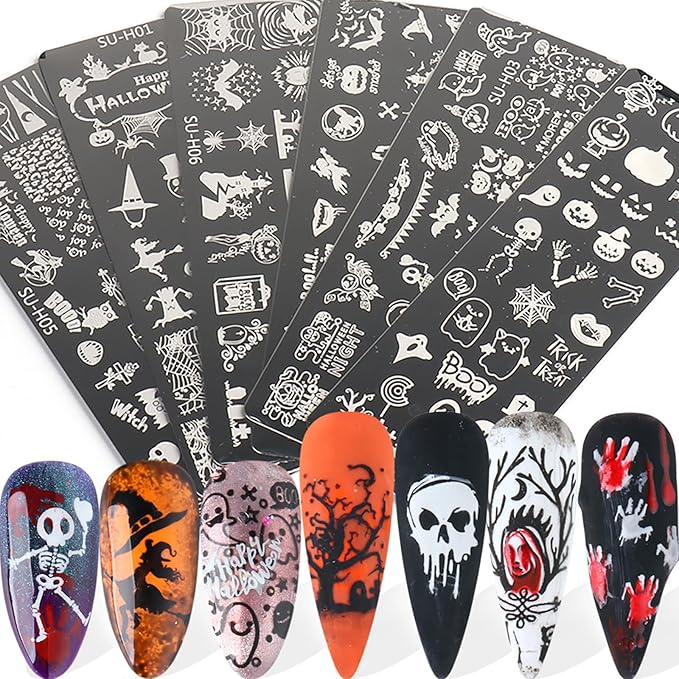 Halloween Nail Stamping Plate Art Stamping Kits DIY Printing Tools with Pumpkin Bat Witch Spider Owl Ghost Face Design Fashion Nail Stamp Art Decoration for Women 6Pcs