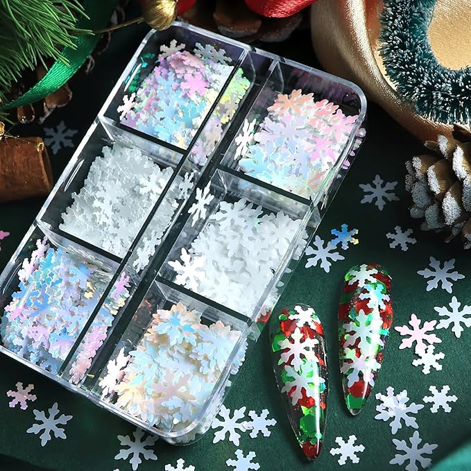 Christmas Smowflake Glitter Sequins Nail Accessories Winter White Snowflake Glitter Manicure Mix Colors Nail Art Glitter Flakes, 3D Nails Supplies Jewelry Studs Nail Decoration for Women Featival