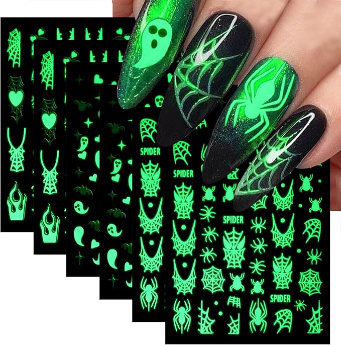 6 Sheets Halloween Glow in The Dark Nail Art Stickers 3D Self-Adhesive Luminous Ghost Nail Stickers Halloween Scary Ghost Skull Spider Bat Fluorescent Designs Nail Decals for Women Nail Decoration