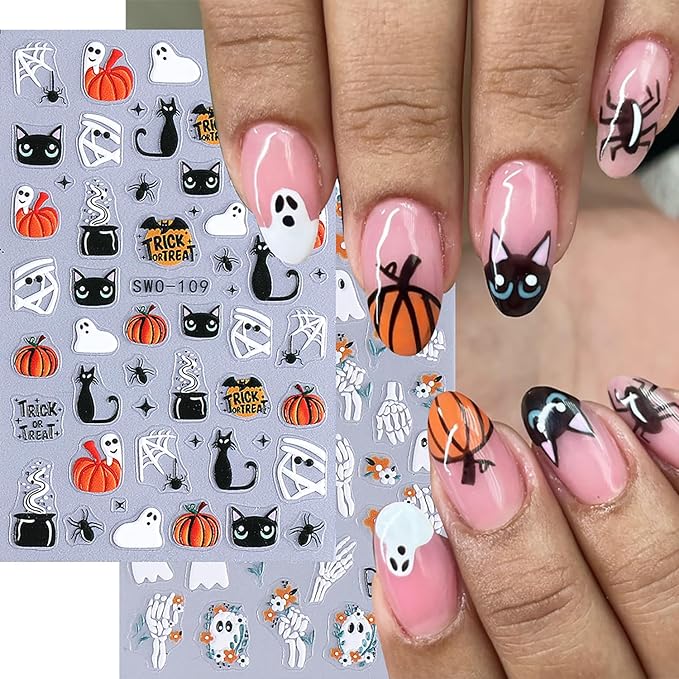 5 Pcs Halloween Nail Stickers,Spider Webs Cute Ghost 3D Self-Adhesive Nail Decals Cat Skull and Pumpkin Designs Nail Decorations Halloween DIY Manicure Supplies for Women Girls