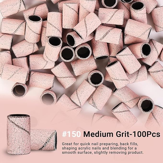 MelodySusie 100 Pcs Nail Drill Bits Sanding Bands for Nail Drill 150 Medium Grit Nail File Sanding Bands for Acrylic Nails Gel Manicures and Pedicure