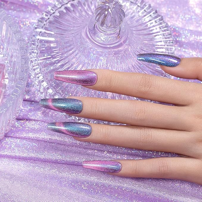 RARJSM Aurora Cat Eye Gel Nail Polish with Magnet Stick Blue Purple Multi Color 9D Diamond Galaxy Cateye Gel Polish Chunky Shimmer UV LED Curing Requires Soak Off for Home Salon Manicure 15ml