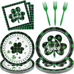 96 Pieces St. Patrick’s Day Tableware Set – Green and Black Plaid Shamrock by GistomeHome
