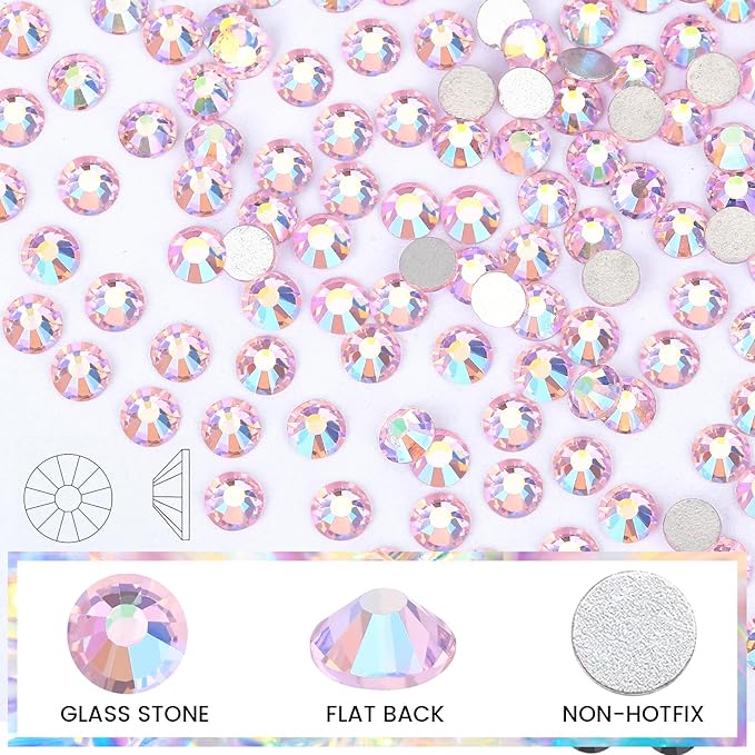 Novani Pink AB Rhinestones Glass Rhinestone for Crafts Flatback Crystals Gems and Rhinestones for Nails Art Makeup Face Clothes Shoes Decoration DIY(SS12,1440pcs,Pink AB)