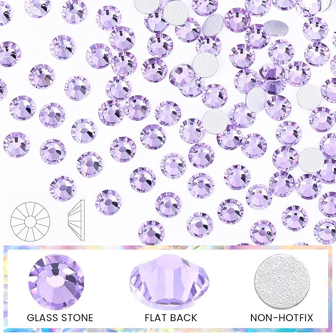 Novani Crystal Rhinestones, Flatback Loose Gemstones 1440pcs Glass Rhinestones for Clothes Shoes Crafts Makeup Nail Art and DIY Decorations(SS8, Lavender)