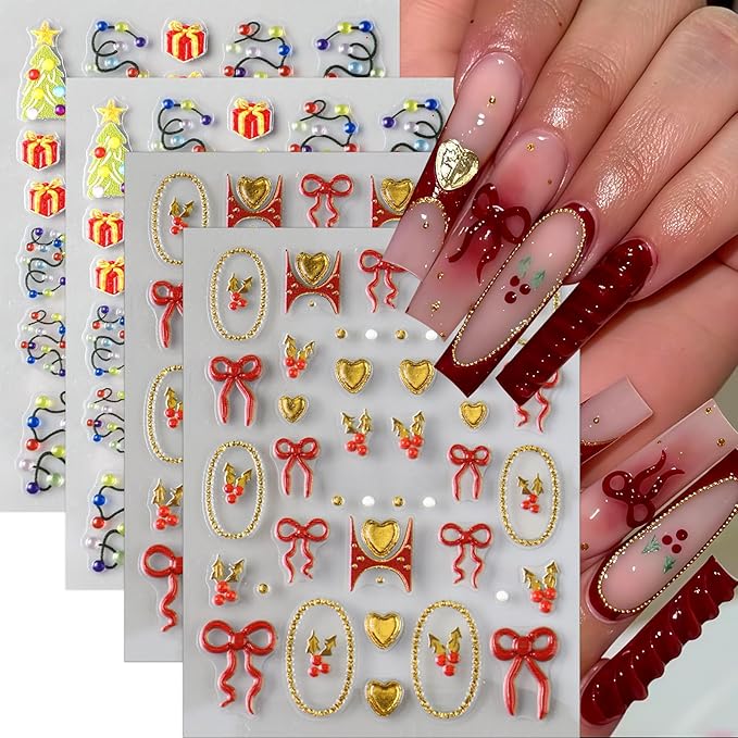 4 Sheets Christmas Nail Art Stickers 5D Embossed Winter Nails Decals Red Gold Heart Bow Nail Stickers Gold Circle Cherry Xmas Nails Design Winter Nail Supplies for Women Acrylic Manicure Decorations