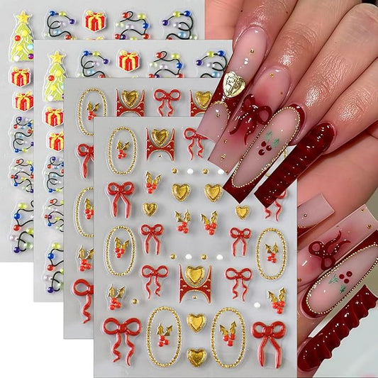4 Sheets Christmas Nail Art Stickers 5D Embossed Winter Nails Decals Red Gold Heart Bow Nail Stickers Gold Circle Cherry Xmas Nails Design Winter Nail Supplies for Women Acrylic Manicure Decorations
