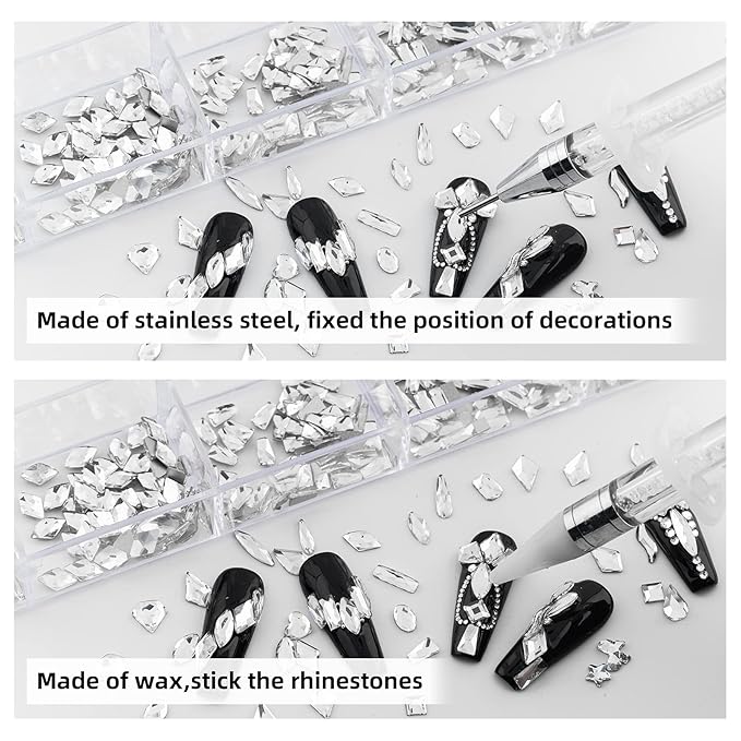 Nail Art Rhinestones, Nail Gems and Rhinestones Kit with Wax Pencil 1000 Pcs Flatback Rhinestones for Nails Decorations, Crafts, Makeup, Face, Clothes, Shoes