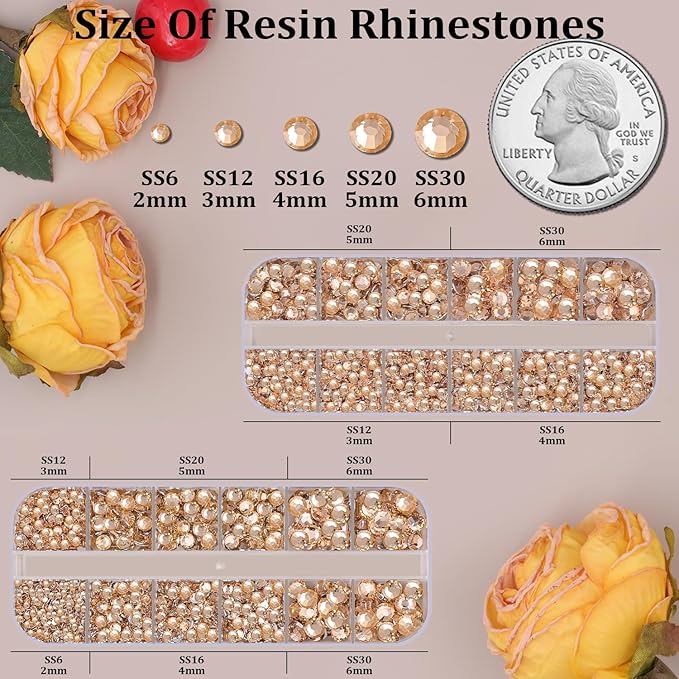 Resin Rhinestones for Crafting, 2 Boxes Champagne Flatback Crystals for Bedazzling Crafts DIY Nail Art Deco, Non Hotfix Bulk Gems for Tumbler Shoes Clothing Fabric Face Makeup
